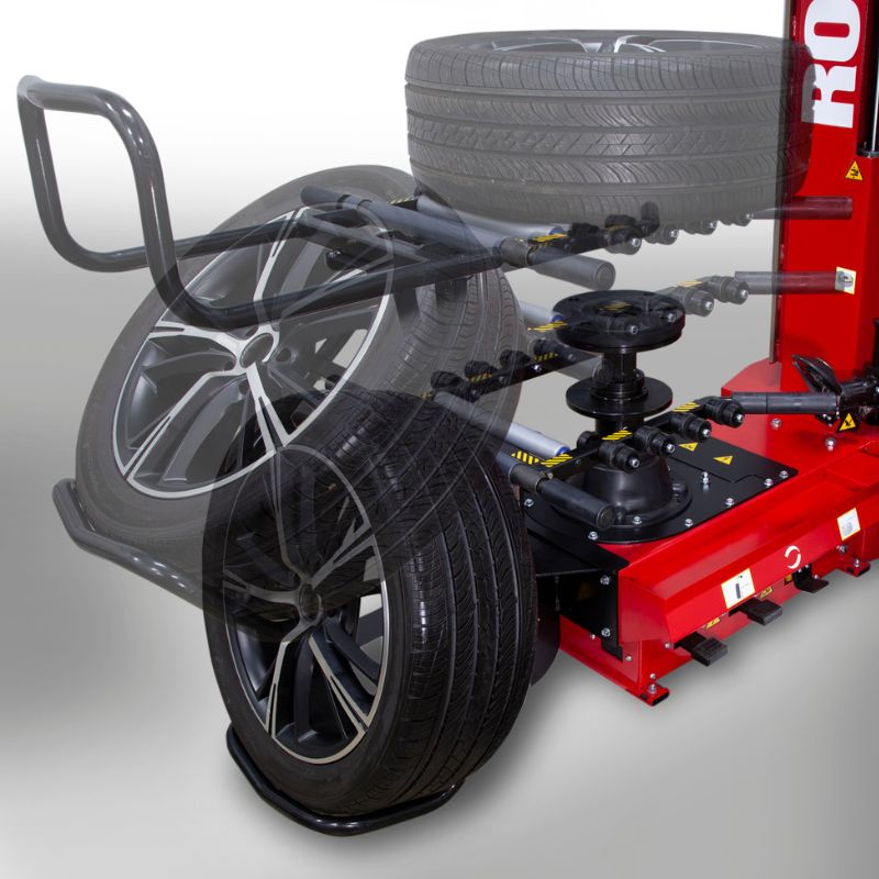 FRONT-LOADING PNEUMATIC WHEEL LIFT Effortlessly positions heavy wheel assemblies with foot pedal-controlled up/down movement, reducing operator fatigue and wheel damage.