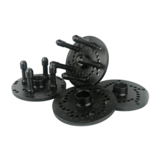 Rotary North American Flange Plate Kit HW200299409 with multi-pattern plates, removable pins, and storage stand. Perfect for Chrome-Clad and Lug-Centric wheels.