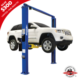 Forward Lift I10 Two Post Lift with 10,000 lb capacity in a garage setting, showcasing durable construction and advanced arm design.