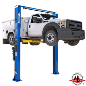White Ford service utility truck elevated on a Forward Lift I12 two-post lift, ideal for heavy-duty vehicle maintenance, ALI certified