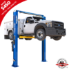 Image of a blue two-post car lift hoisting a white utility truck, showcasing the heavy-duty lifting capability and durable construction of the lift system.