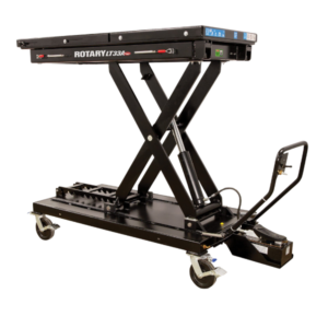 Rotary LT33A Hydraulic Table cart for heavy-duty, versatile lifting in automotive repair shops.