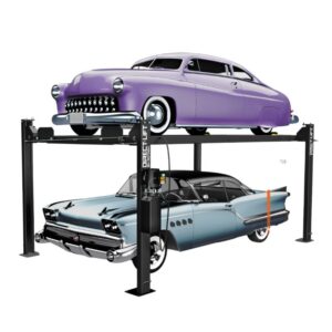 Two classic cars, a purple vintage car on top and a blue vintage car below, on a Direct Lift four-post lift, showcasing the lift's ability to hold antique vehicles securely.