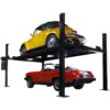 Yellow vintage car on top and a red convertible below on a four-post car lift, illustrating the lift's capability for stacking and storing classic cars efficiently.