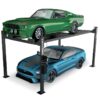 Green classic muscle car on top and a modern blue sports car below on a Direct Lift four-post lift, highlighting the lift's versatility for both vintage and contemporary vehicles.