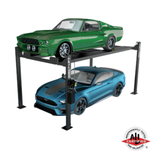 Green classic muscle car on top and a modern blue sports car below on a Direct Lift four post car lift, highlighting the lift's versatility for both vintage and contemporary vehicles.