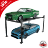 Green classic muscle car on top and a modern blue sports car below on a Direct Lift four-post lift, highlighting the lift's versatility for both vintage and contemporary vehicles.