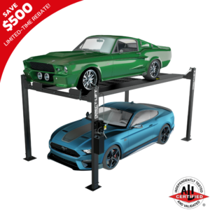 Green classic muscle car on top and a modern blue sports car below on a Direct Lift four-post lift, highlighting the lift's versatility for both vintage and contemporary vehicles.