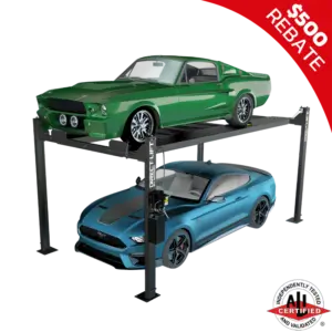 Green classic muscle car on top and a modern blue sports car below on a Direct Lift four-post lift, highlighting the lift's versatility for both vintage and contemporary vehicles.