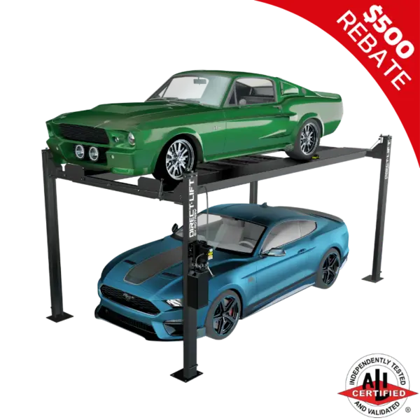 Green classic muscle car on top and a modern blue sports car below on a Direct Lift four-post lift, highlighting the lift's versatility for both vintage and contemporary vehicles.