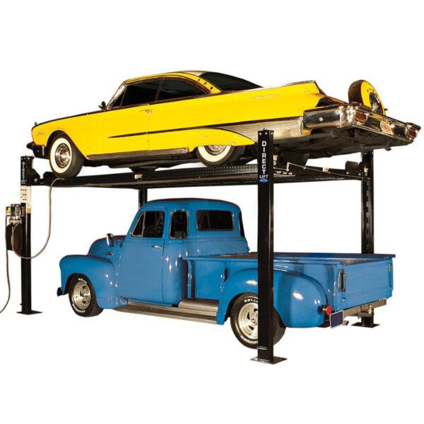Yellow vintage car elevated above a blue classic pickup truck on a four-post car lift, showcasing the lift's capability for storing classic and vintage vehicles.