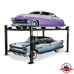 Two classic cars, a purple vintage car on top and a blue vintage car below, on a Direct Lift four-post lift, showcasing the lift's ability to hold antique vehicles securely. 4 post lift