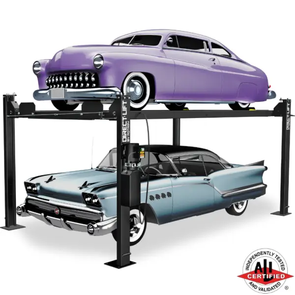 Purple vintage car elevated above a blue classic car using a Direct Lift PP8S four-post automotive lift, ALI certified