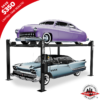 Two classic cars, a purple vintage car on top and a blue vintage car below, on a Direct Lift four-post lift, showcasing the lift's ability to hold antique vehicles securely.