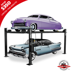 Two classic cars, a purple vintage car on top and a blue vintage car below, on a Direct Lift four-post lift, showcasing the lift's ability to hold antique vehicles securely.