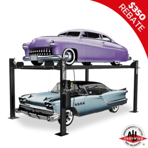 Two classic cars, a purple vintage car on top and a blue vintage car below, on a Direct Lift four-post lift, showcasing the lift's ability to hold antique vehicles securely.