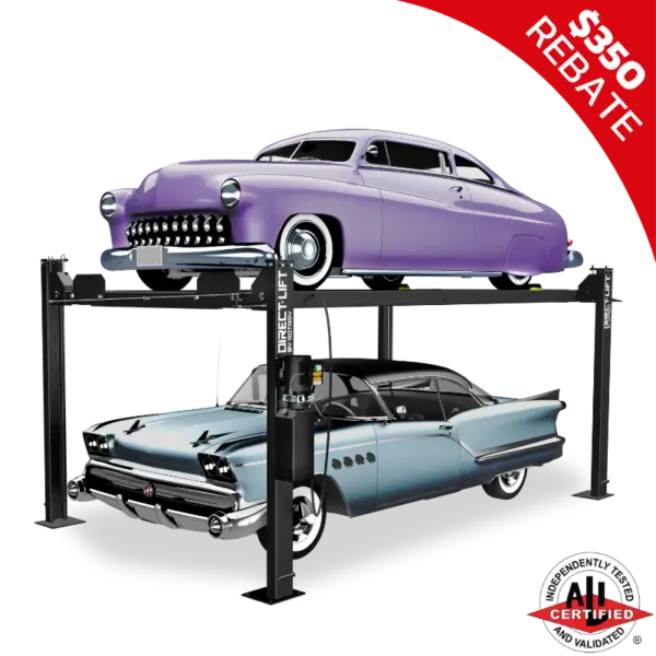 Two classic cars, a purple vintage car on top and a blue vintage car below, on a Direct Lift four-post lift, showcasing the lift's ability to hold antique vehicles securely.