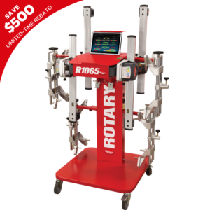 Rotary R1065 Mobile Tablet Wheel Aligner featuring a compact, mobile design with a wireless tablet interface for real-time wheel alignment diagnostics and adjustments.