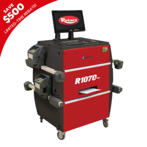 Front view of the Rotary R1070 Pro CCD Wheel Alignment System featuring a robust mobile cabinet with an integrated PC and A4 printer.