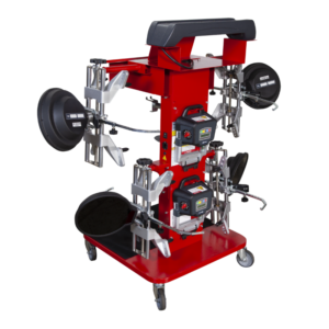 Rear view of the Rotary R1085 Pro 3D Wheel Aligner cart, showcasing mounted sensors and tire clamps for efficient mobility and storage.