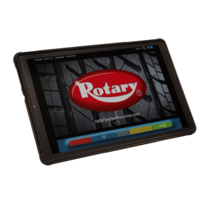 Rotary R1085 Pro 3D Wheel Aligner touchscreen tablet displaying the Rotary Wheel Service interface for real-time alignment diagnostics.