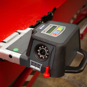 Close-up of the Rotary R1085 Pro 3D Wheel Aligner sensor unit, featuring a high-resolution camera and control buttons for precise wheel alignment data collection.