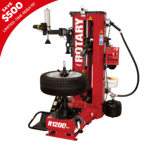 Rotary R1200 leverless tire changer with dual roller, center post clamping, and variable speed control for safe, efficient tire changes