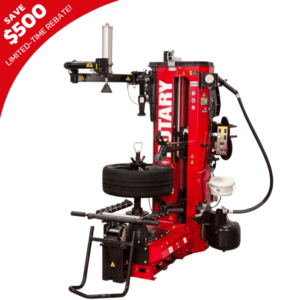 Rotary R1250 Leverless Pro Tire Changer - side profile highlighting dual bead rollers, integrated wheel lift, and control panel.