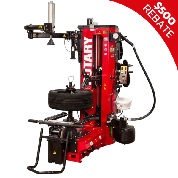 Rotary R1250 premium leverless tire changer with integrated robotic arms and touchscreen controls for precision and speed