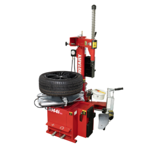 Rotary R144i swing arm tire changer with hand-controlled bead breaker and plastic mount head, designed for tight bays and high-volume tire service.