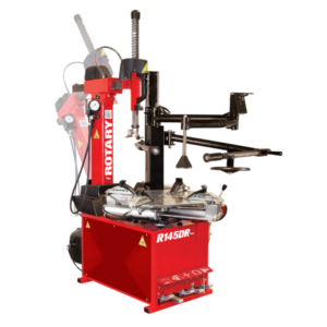 Rotary R145DR tilt-back motorcycle tire changing machine with adapters for sport, cruiser, dirt, and touring bike wheels