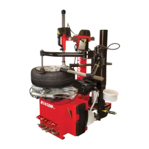 Rotary R145DR high-performance tire changer with tire mounted on tilt-back arm, featuring side assist arms and bead breaker for efficient tire changing.