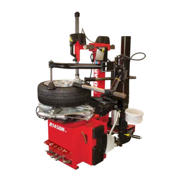 Rotary R145DR high-performance tire changer with tire mounted on tilt-back arm, featuring side assist arms and bead breaker for efficient tire changing.