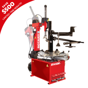 Rotary R145DR tilt-back high-performance tire changer with $500 limited-time rebate offer highlighted in red corner banner.