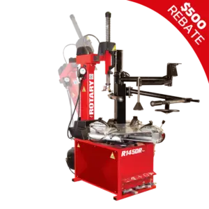 Rotary R145DR tire changer with dual assist arms and swing arm design for efficient wheel service