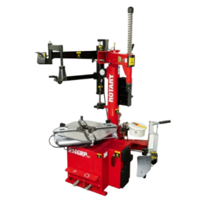 Rotary R146RP motorcycle tire changer with assist arm and wheel clamped for service