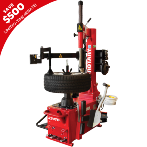 Rotary R145DR Tilt Back High-Performance Tire Changer with $500 limited-time rebate banner