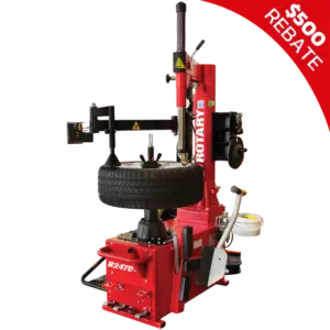 Rotary R247D professional tire changer with power-operated mount/demount head and side assist arm for high-volume shops