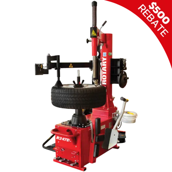 Rotary R247D professional tire changer with power-operated mount/demount head and side assist arm for high-volume shops