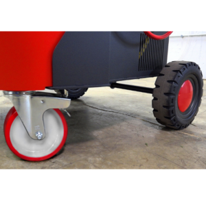 Heavy-duty wheels and caster system of the Rotary R3AC50 Automatic A/C Cart, designed for easy mobility and stability in automotive service environments.