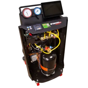 Internal view of the Rotary R3AC60 Automatic A/C Cart, showing refrigerant tank, compressor, and organized internal components for efficient A/C servicing.