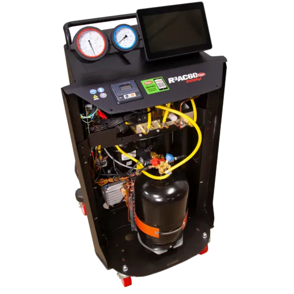 Internal view of the Rotary R3AC60 Automatic A/C Cart, showing refrigerant tank, compressor, and organized internal components for efficient A/C servicing.