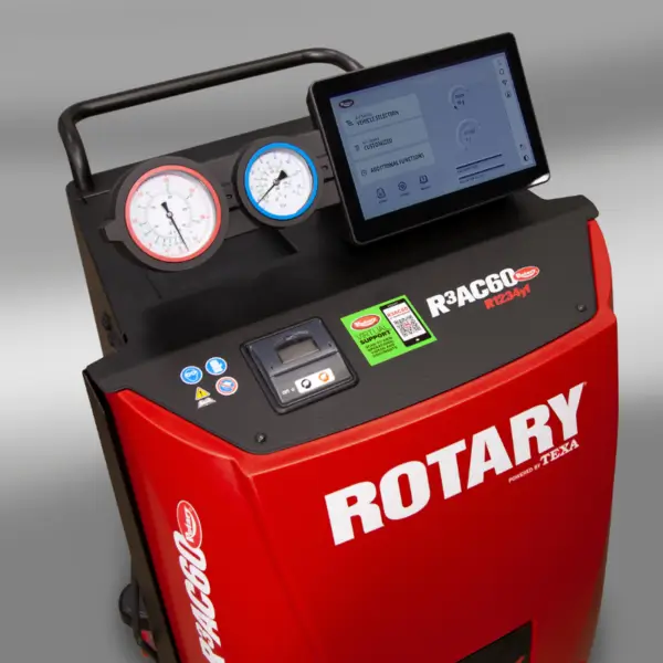 Control console of the Rotary R3AC60 Automatic A/C Cart, featuring a digital touchscreen display, high-pressure and low-pressure gauges, and user-friendly controls.