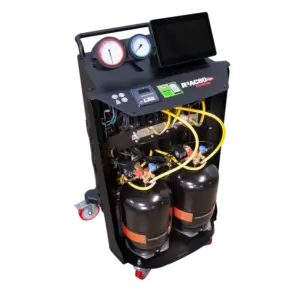 Front view of the Rotary R3AC80 A/C cart with open cabinet showing dual refrigerant tanks and internal components.