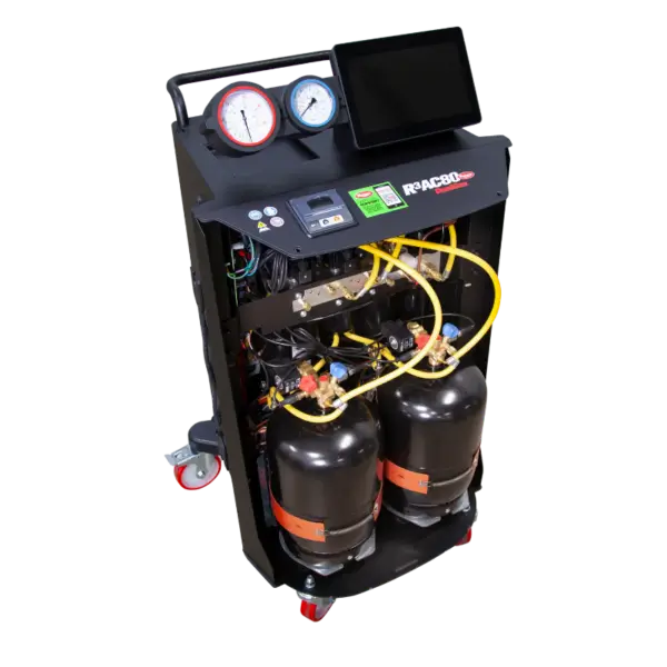 Front view of the Rotary R3AC80 A/C cart with open cabinet showing dual refrigerant tanks and internal components.