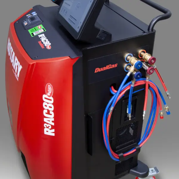 Close-up view of refrigerant hoses and secure connections on the Rotary R3AC80 A/C cart.