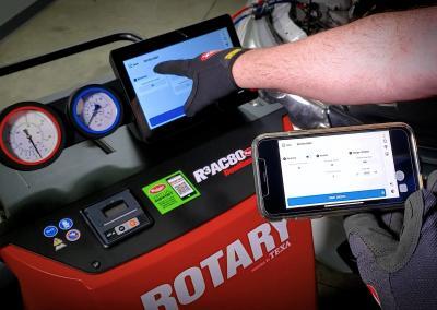 Mobile app connectivity for the Rotary R3AC80 Automatic Car AC Recovery Machine, enabling remote monitoring on the same WiFi network.