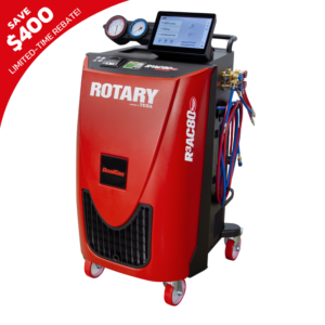 Rotary R3AC80 DualGas automatic A/C cart with touchscreen interface, hoses, and gauges, featuring a $400 limited-time rebate promotion banner.