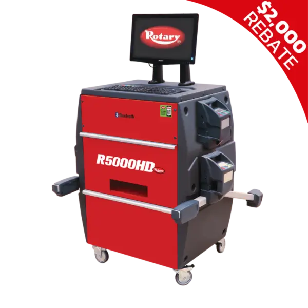 Rotary R5000HD heavy-duty wheel alignment system with Bluetooth sensors and built-in computer workstation for commercial vehicle service