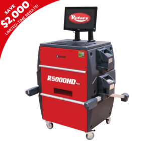 Rotary R5000HD Commercial Truck Wheel Alignment System featuring Bluetooth connectivity, dual sensor arms, and a high-resolution monitor, designed for precise heavy-duty truck alignments. Limited-time $2,000 rebate offer displayed.